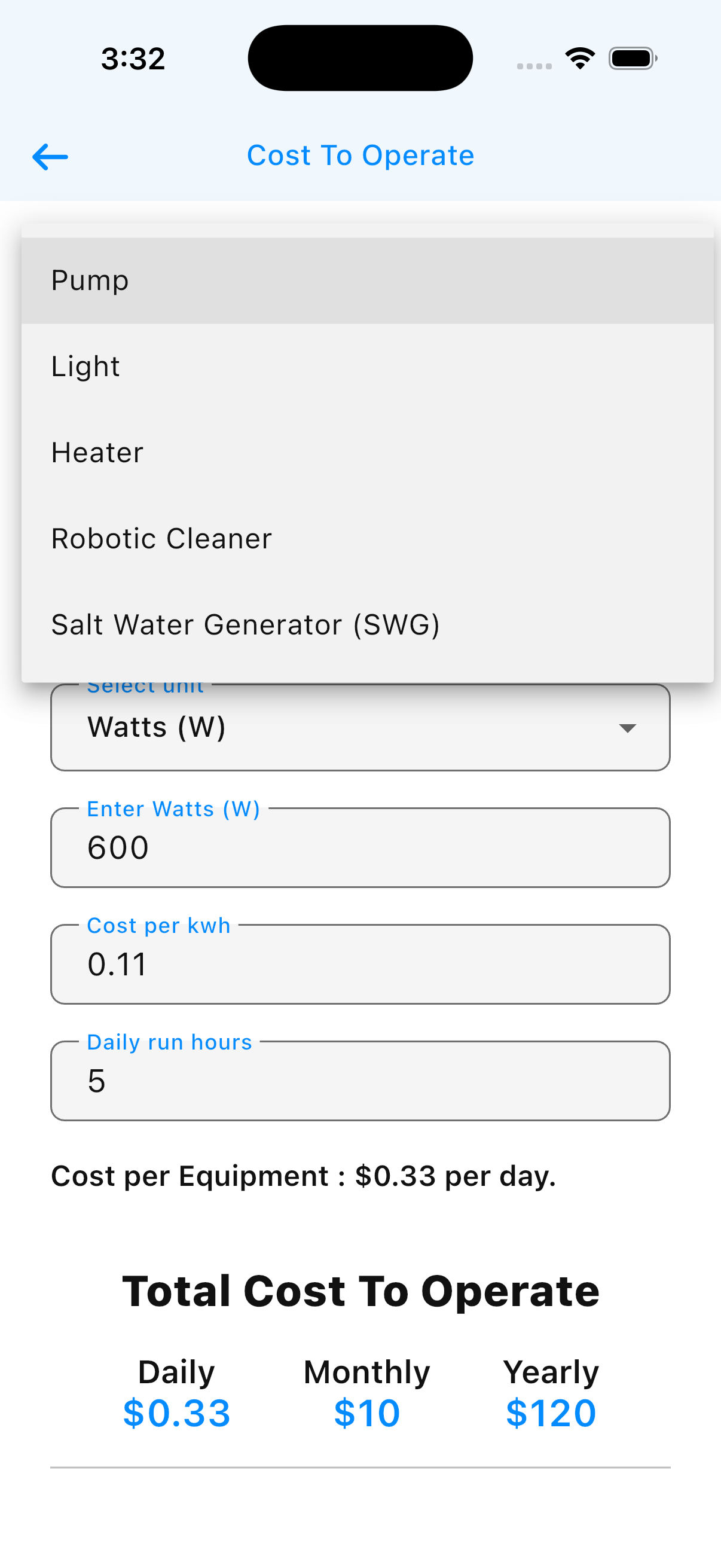 Cost To Operate calculator with equipment types and example pump inputs