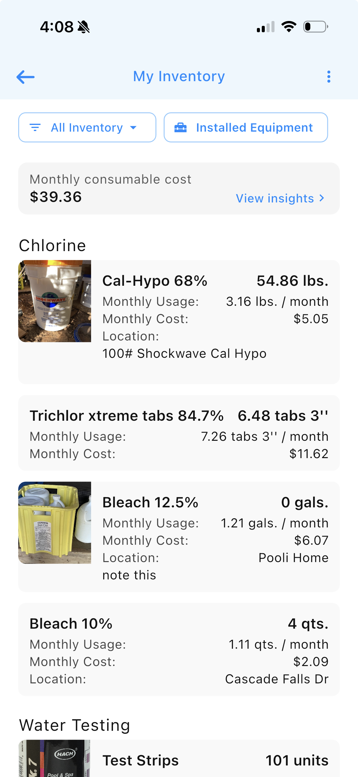 My Inventory with monthly consumable cost $39.36. Chemical rows show monthly usage and monthly cost. Test Strips is 101 units with no monthly line.