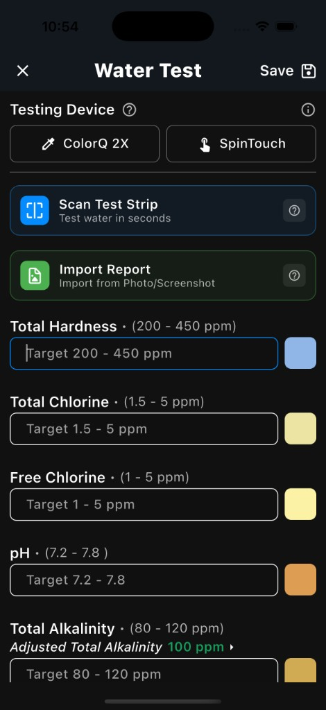 Pooli's Water Test screen with testing options and a full water report