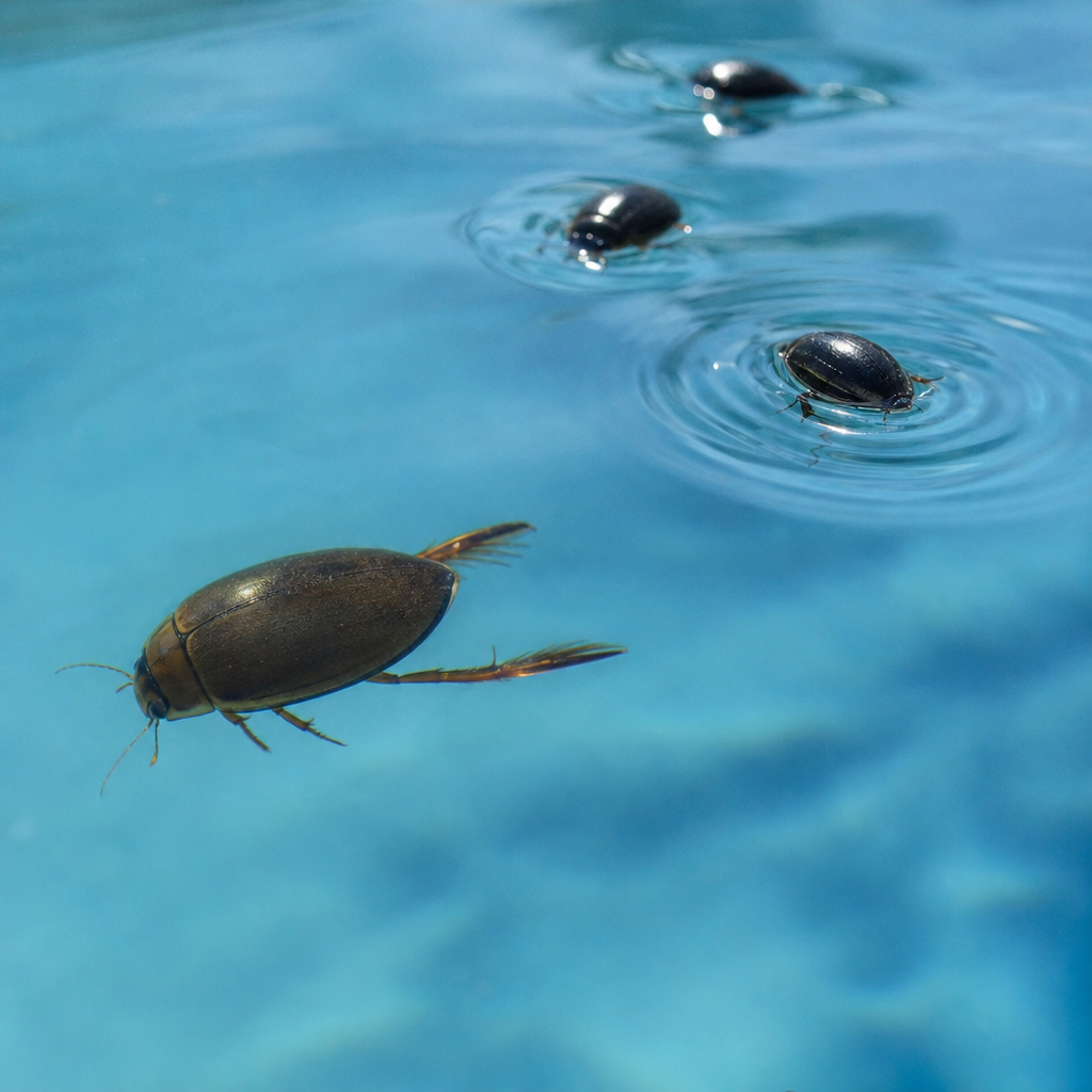 Diving beetle underwater with whirligig beetles on the pool surface