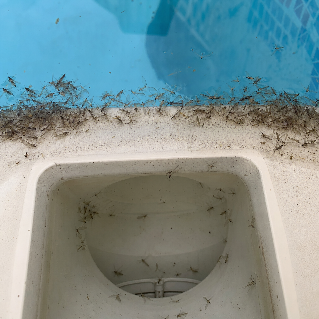Mayflies and midges clustered on a pool edge and skimmer opening