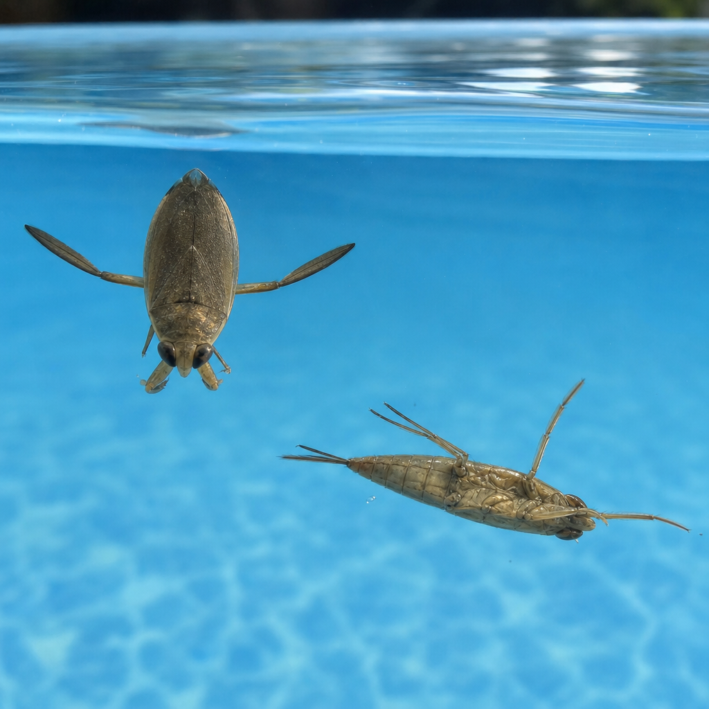 Water boatman swimming upright and a backswimmer upside down in clear pool water