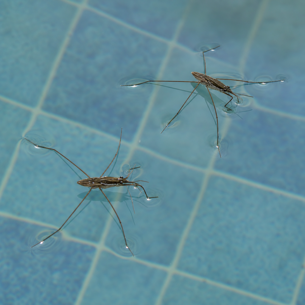 Water striders skating on the surface of a tiled swimming pool