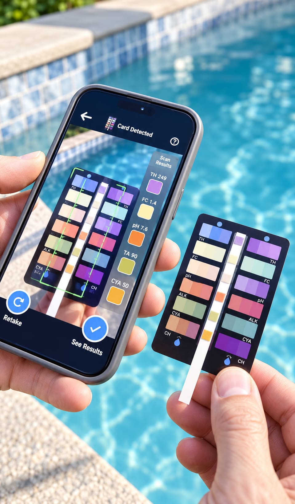 A phone scanning a test strip against a Pooli Color Correct card beside a pool, with the physical card held in front.