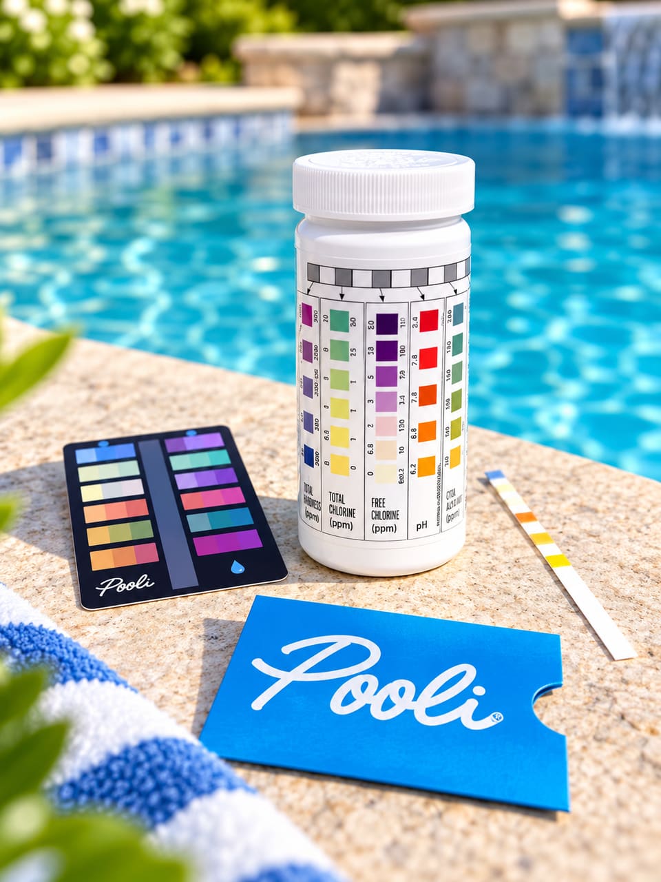 A test strip bottle, a loose strip, a Pooli Color Correct card, and a blue Pooli sleeve on a pool deck.