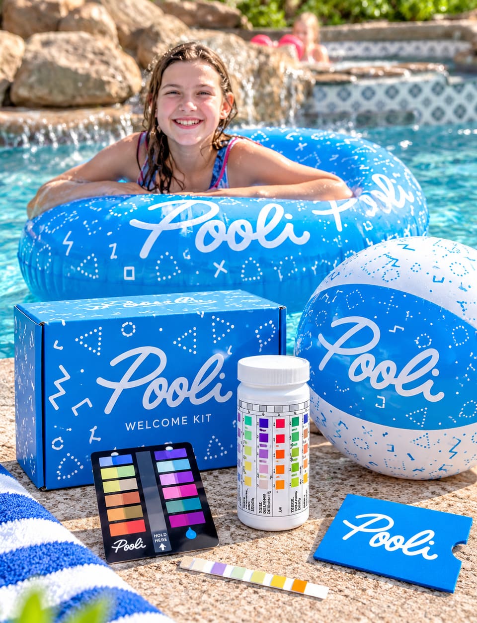 A swimmer on a Pooli inflatable ring, with a welcome kit box, beach ball, test strip bottle, Color Correct card, strip, and blue Pooli sleeve at the pool edge.