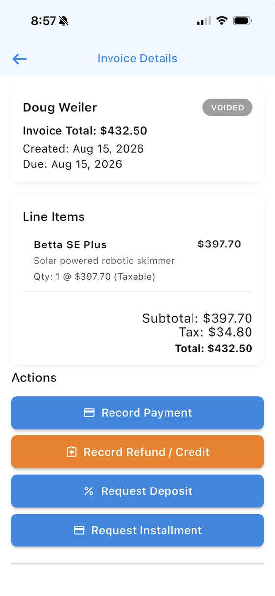 Pooli Pro invoice details with record payment, refund or credit, request deposit, and request installment