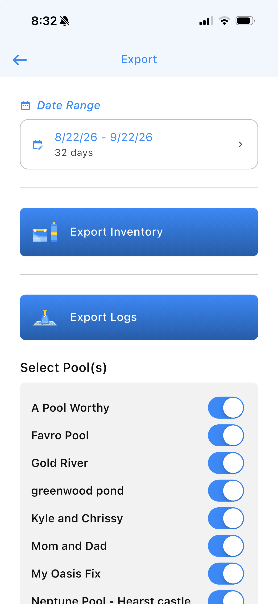 Pooli Export screen with a date range, Export Inventory, Export Logs, and pool toggles.