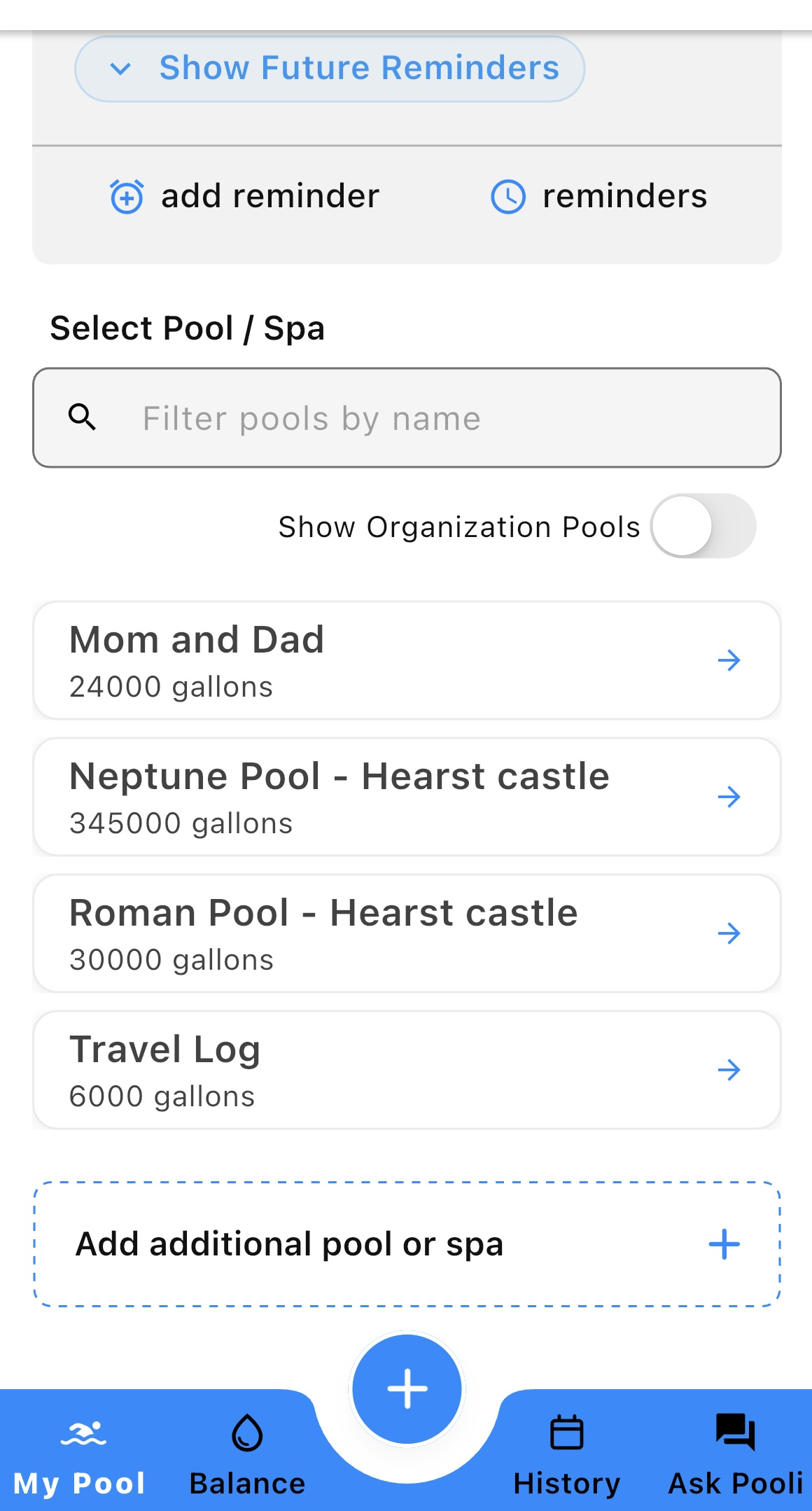 Pooli pool and spa list with gallons on each pool, a name filter, and a tab bar.
