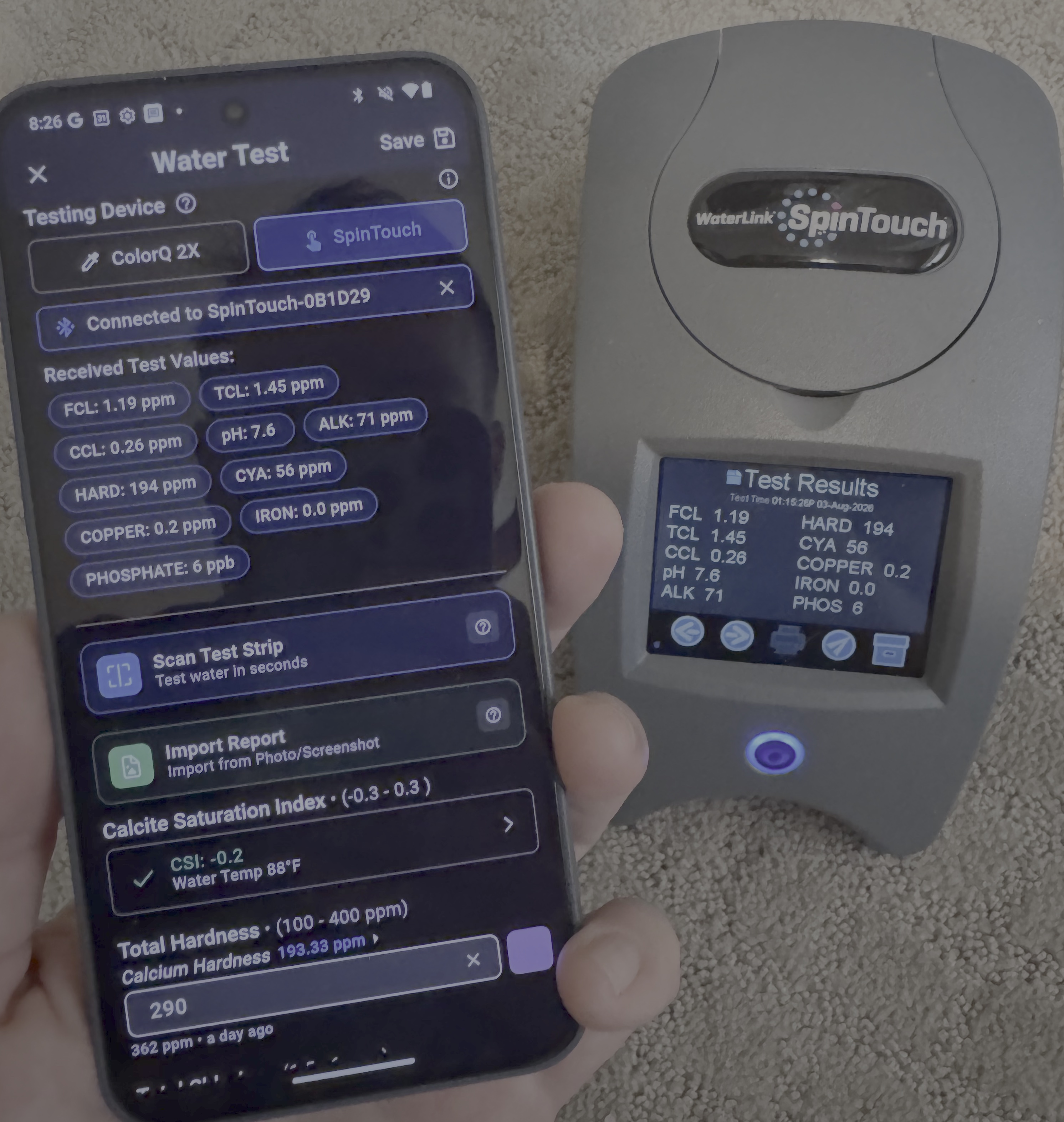 Pooli Water Test connected to a SpinTouch, with live free chlorine, pH, alkalinity, and the rest of the panel.