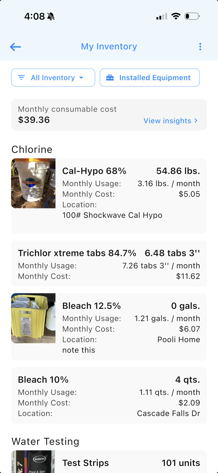 My Inventory in Pooli. Monthly consumable cost is totaled at the top. Each priced chemical shows quantity on hand, monthly usage, and monthly cost.