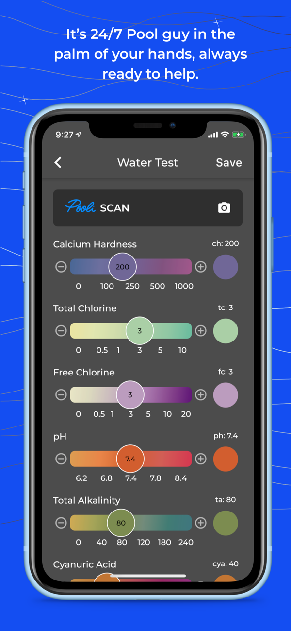 Pooli pool volume calculator for a rectangle, with length, width, and depth