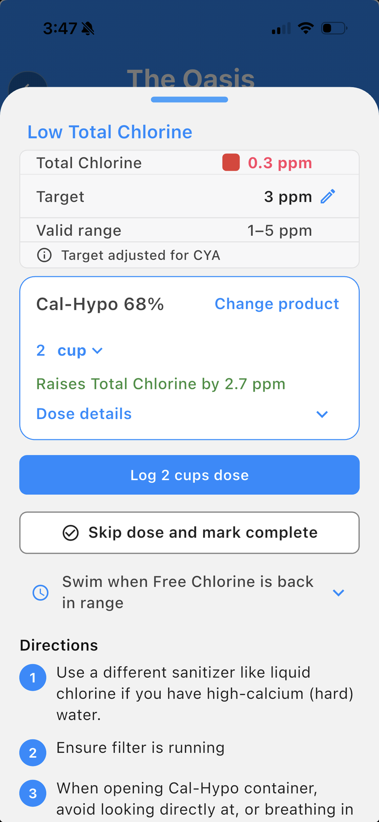 Pooli dose sheet for low total chlorine. Cal-Hypo 68 percent, 2 cups, a 2.7 ppm raise, a target adjusted for CYA, and a button to log the dose.