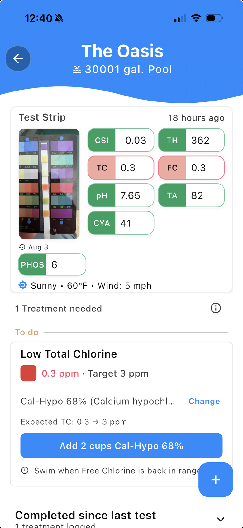 Pooli treatment card. Add 2 cups of Cal-Hypo 68 percent so total chlorine moves from 0.3 ppm to 3 ppm, with swim timing when free chlorine is back in range.