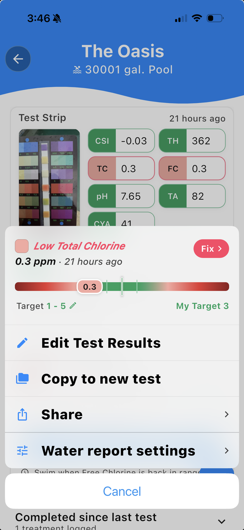 Pooli water report with color-coded test results. Low total chlorine is marked in red, with the target range and a Fix button.